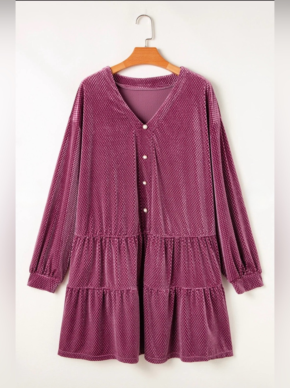 Fall Winter Textured Velvet Tiered Button V Neck Mini
Dress - Picture 6 of 9